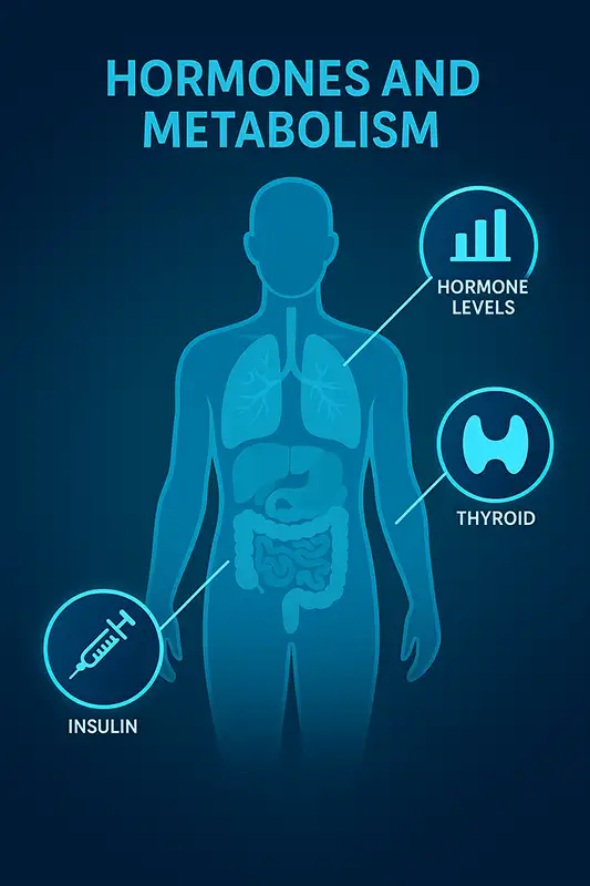 Conceptual image of a human body with highlighted hormonal imbalances affecting weight loss in a medical weight loss program, showing insulin, cortisol, and thyroid icons