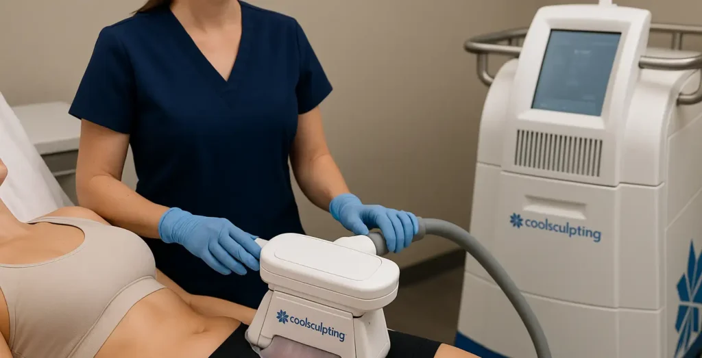 CoolSculpting procedure in progress at a modern med spa for non-invasive fat reduction