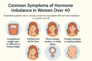 Infographic showing common symptoms affecting hormone balance in women over 40