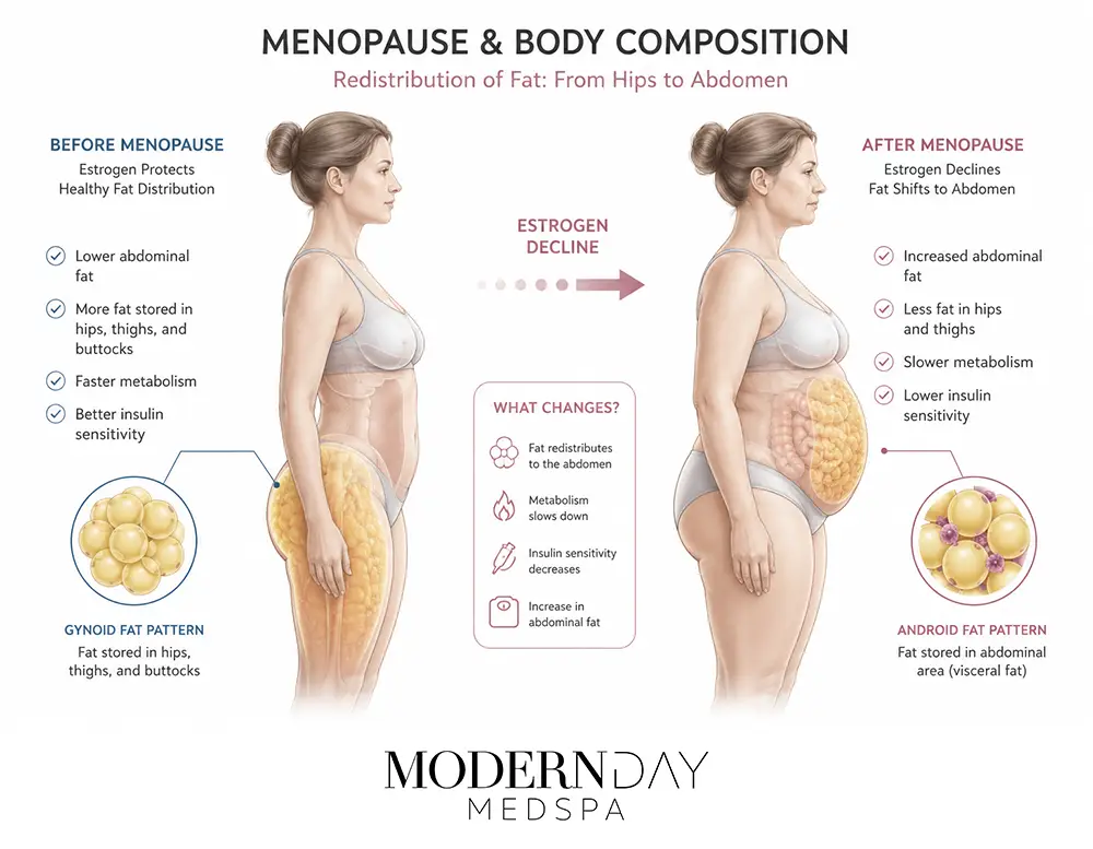 Menopause belly fat and estrogen decline — how BHRT for menopause weight gain works at Modern Day Med Spa