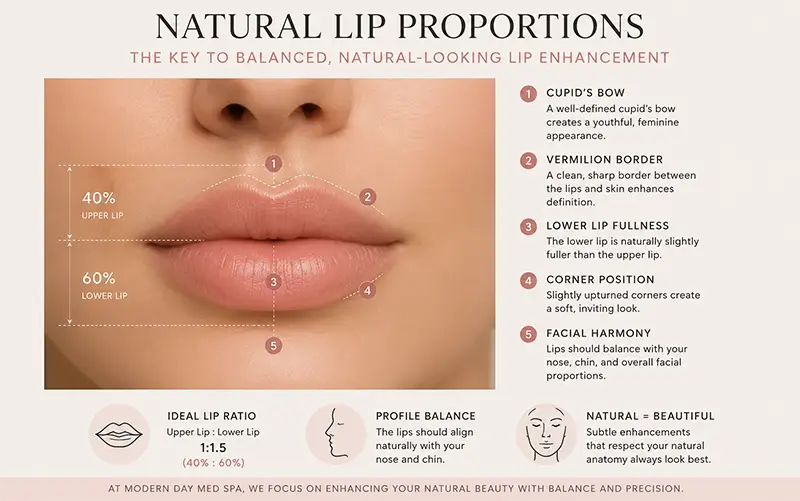 Natural lip proportion guide showing ideal 40 60 lip ratio for balanced enhancement — lip fillers chicago west suburbs