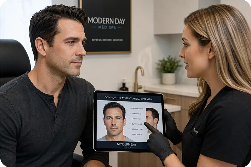 Botox for men in Franklin Park IL consultation with male patient and med spa injector reviewing facial treatment areas in a professional clinical setting