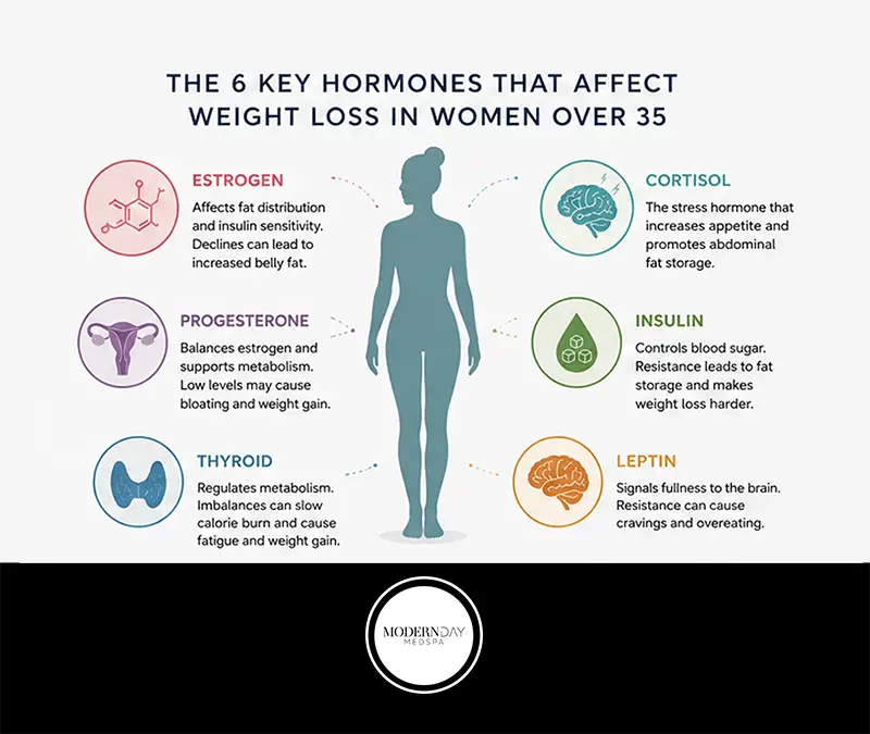 Key hormones affecting weight loss in women over 35 — estrogen progesterone cortisol thyroid explained