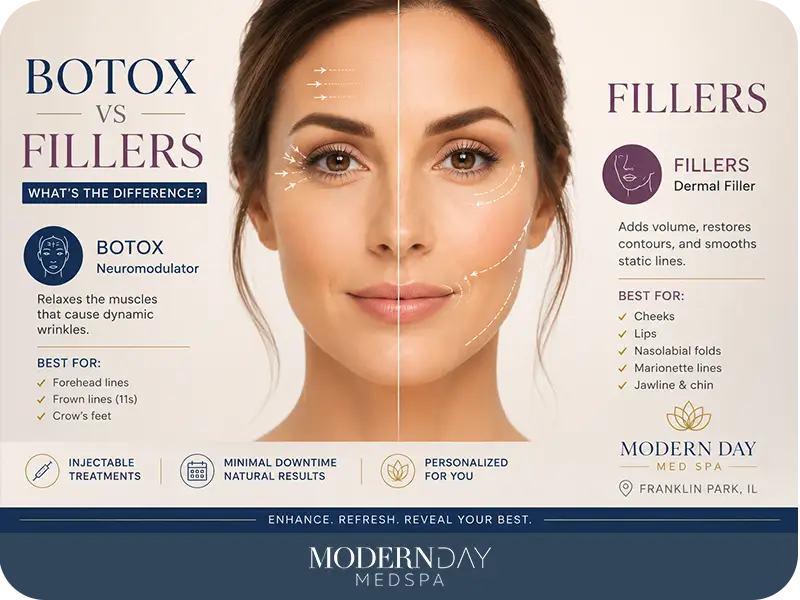 Botox vs fillers difference injectable treatments Modern Day Med Spa Franklin Park IL
