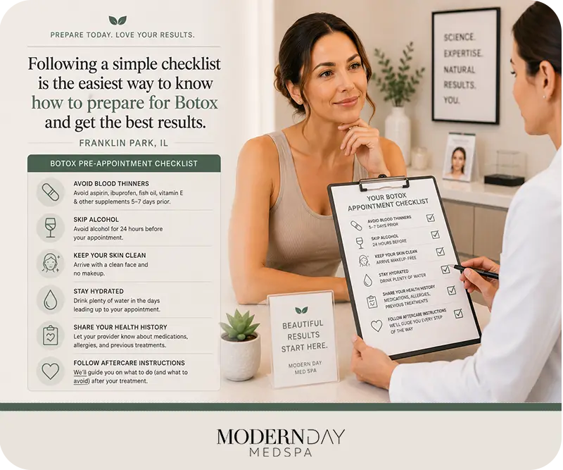 how to prepare for Botox checklist Modern Day Med Spa Franklin Park IL
