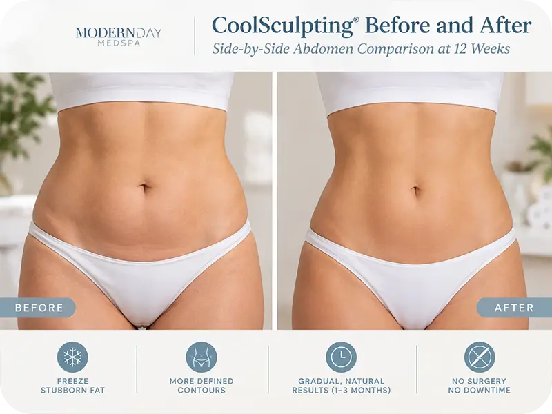 A realistic CoolSculpting before and after shows gradual contouring, not dramatic overnight change