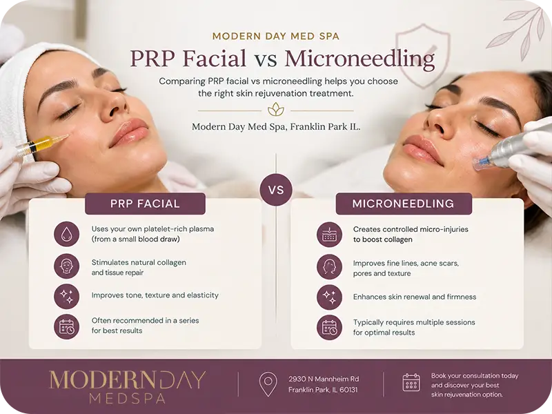 PRP facial vs microneedling skin rejuvenation Modern Day Med Spa Franklin Park IL