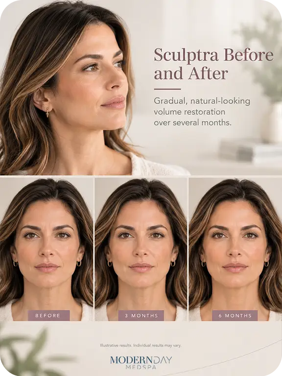 A realistic Sculptra before and after shows gradual, natural-looking volume — not an overnight change