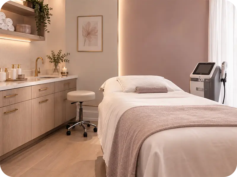 An intimate lightening treatment is performed in a private, comfortable, professional setting.